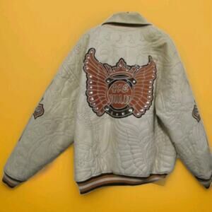 Vintage Raw Blue Leather Bomber Jacket Men 3XL Y2k Retro Realms Vintage Boho